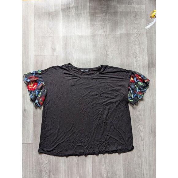 Black Kim & Cami Top With Sheer Embroidered Floral Sleeves Size 1X - Picture 3 of 6